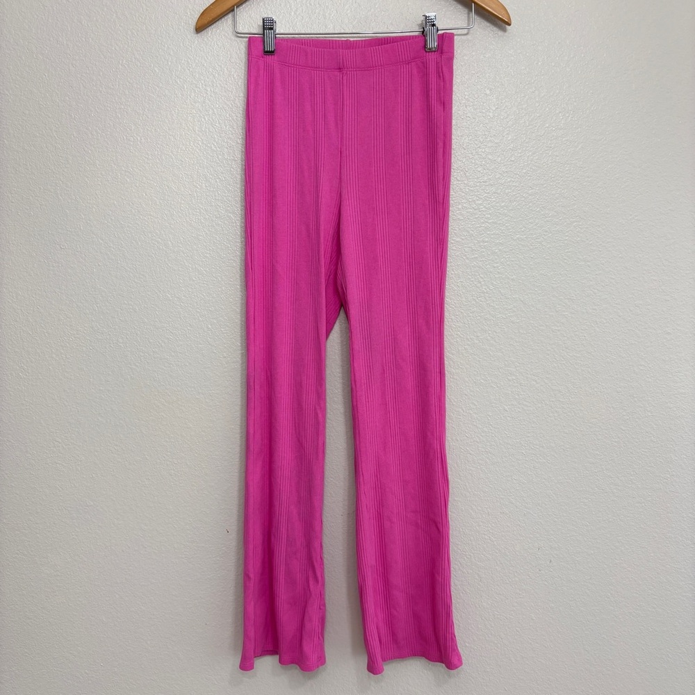 Aerie Pants Women Size XS Pink Cropped Fit High Rise Ribbed Lettuce Hem Detail